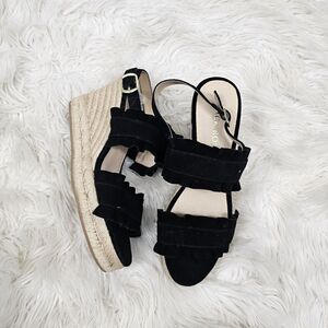 Jack Rogers Rosie Ruffle Wedge In Black Suede Women's Size 8M Espadrille